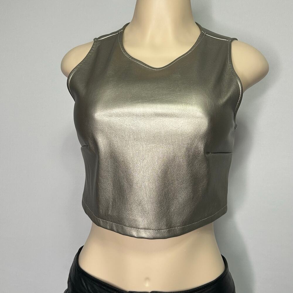 Kirious Metallic Faux Leather Crop Top Women’s S Silver Sleeveless Y2K Clubwear